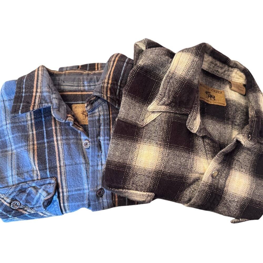 Moose Creek Flannel Shirt 2 Pack L Blue Black Plaid Cotton Heavy Rugged Gorpcore